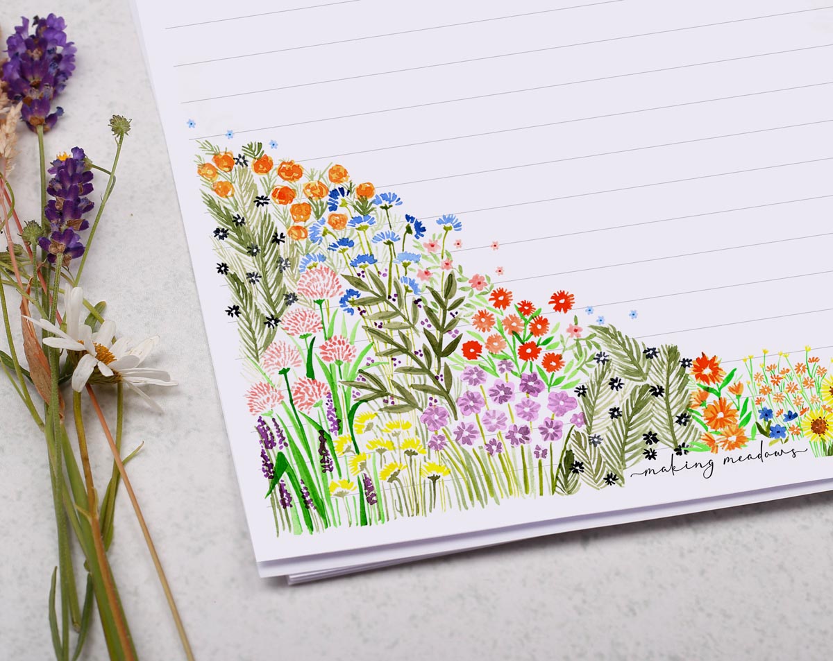 A4 writing paper with ditsy floral garden. Stationery designed by Making Meadows