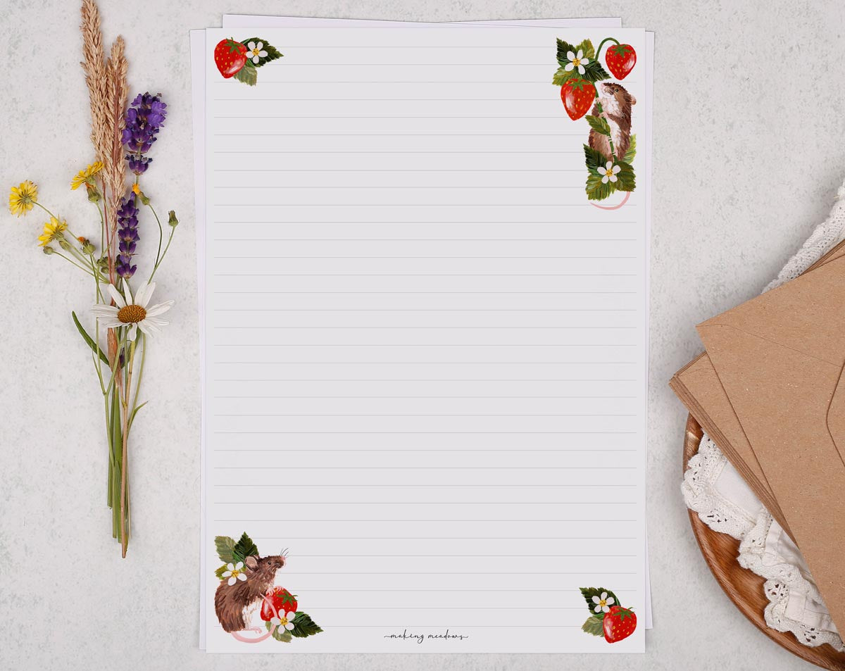 A4 writing paper with field mice & strawberries. Stationery designed by Making Meadows