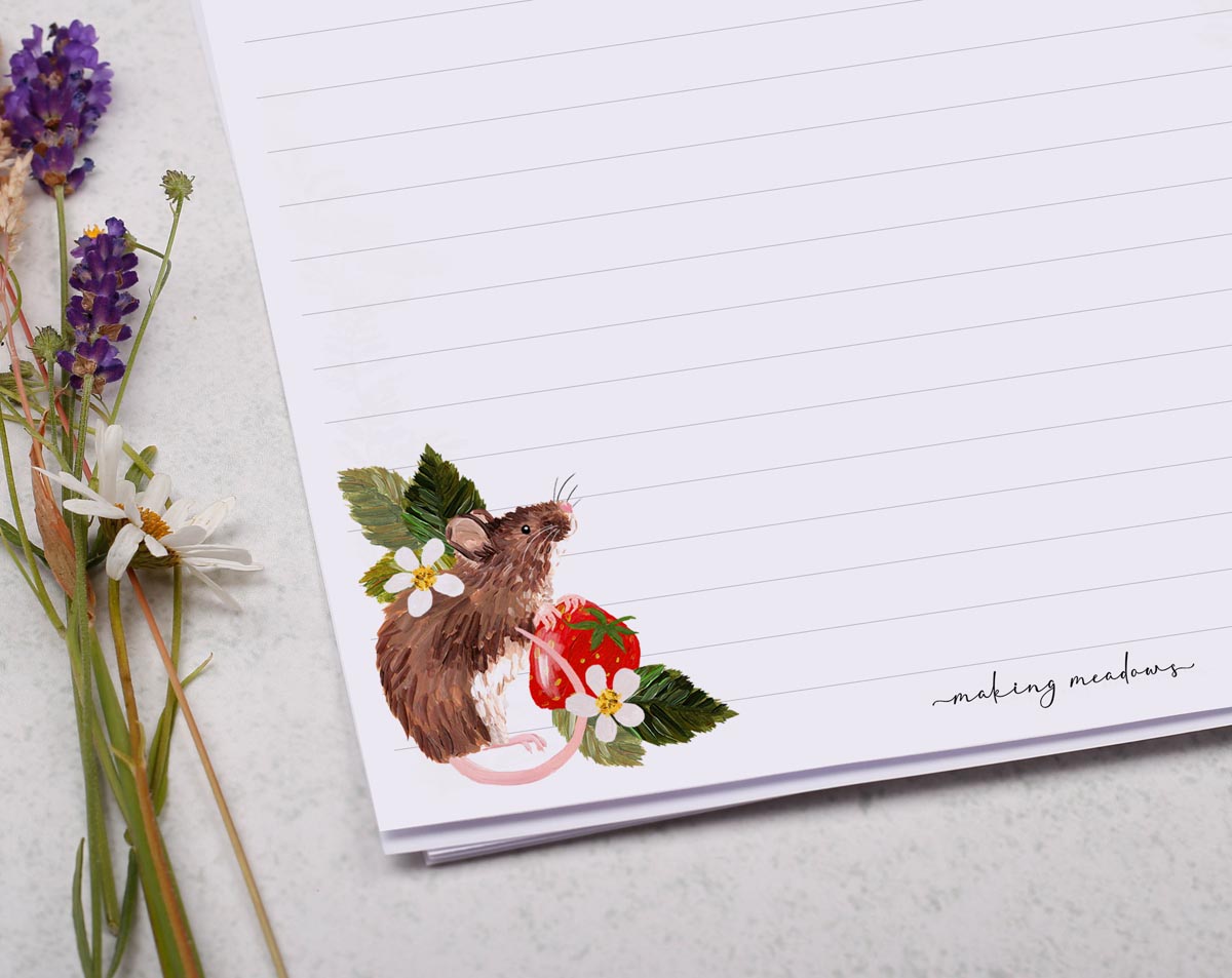 A4 writing paper with field mice & strawberries. Stationery designed by Making Meadows