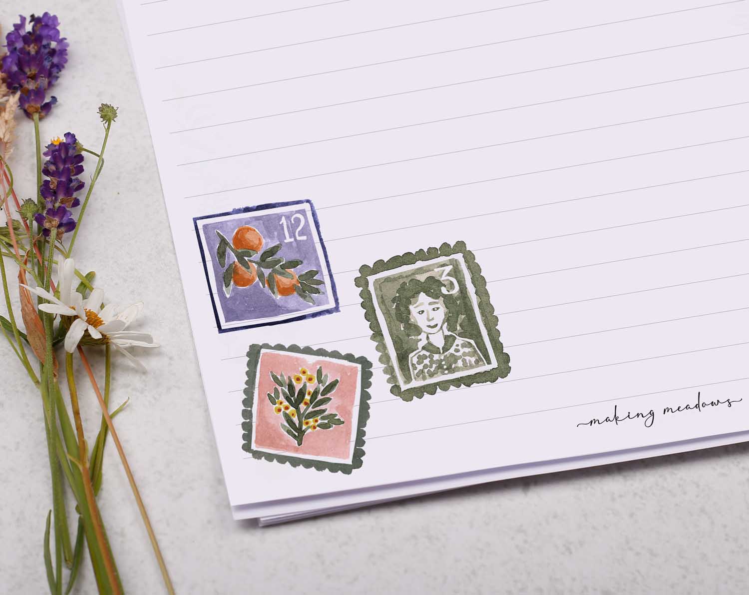 A4 writing paper with floral postage stamps. Stationery designed by Making Meadows