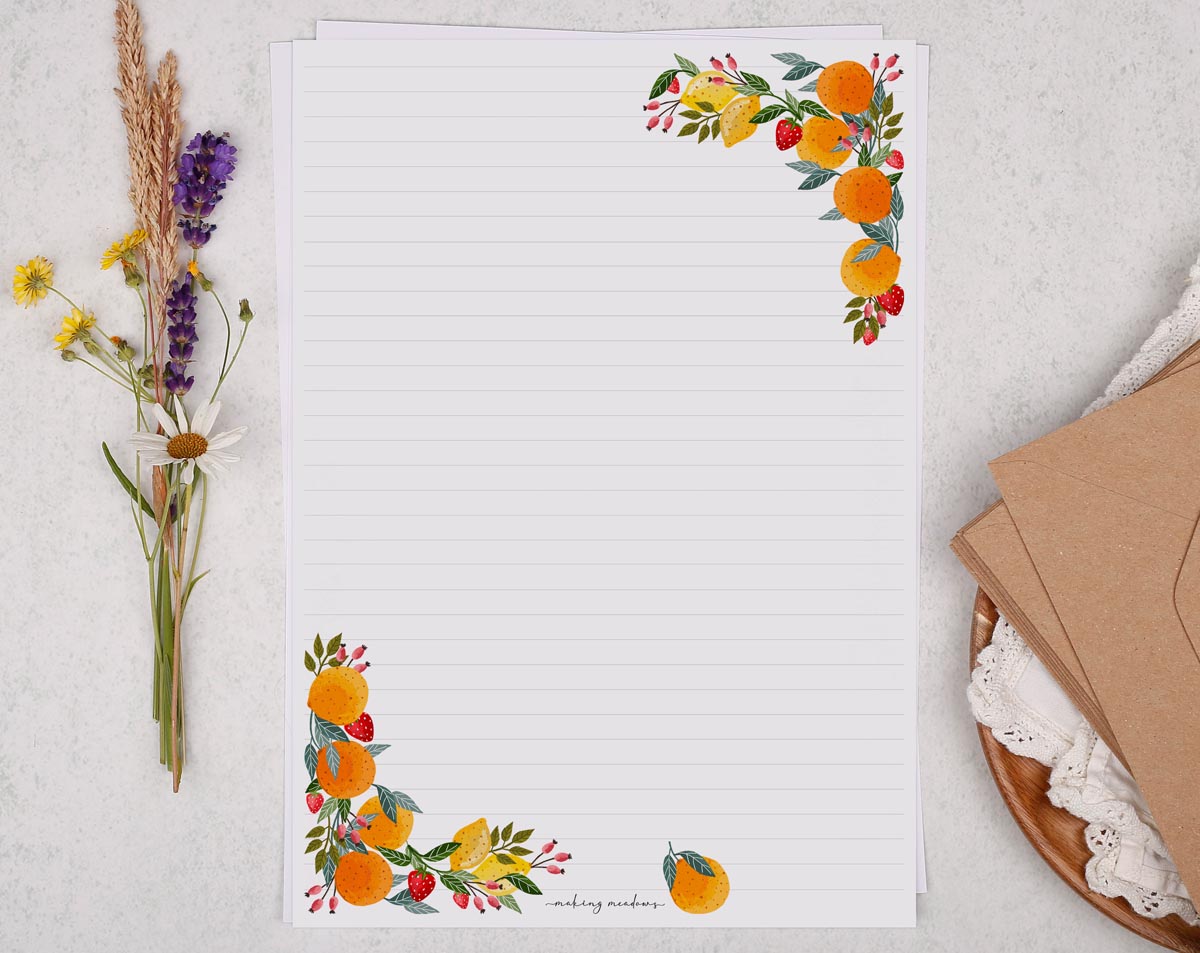 A4 writing paper with fruit border. Stationery designed by Making Meadows