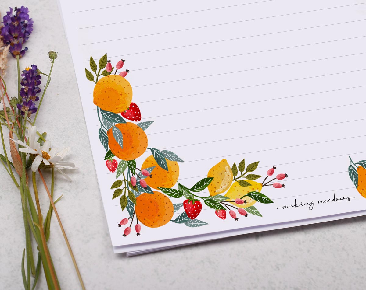 A4 writing paper with fruit border. Stationery designed by Making Meadows