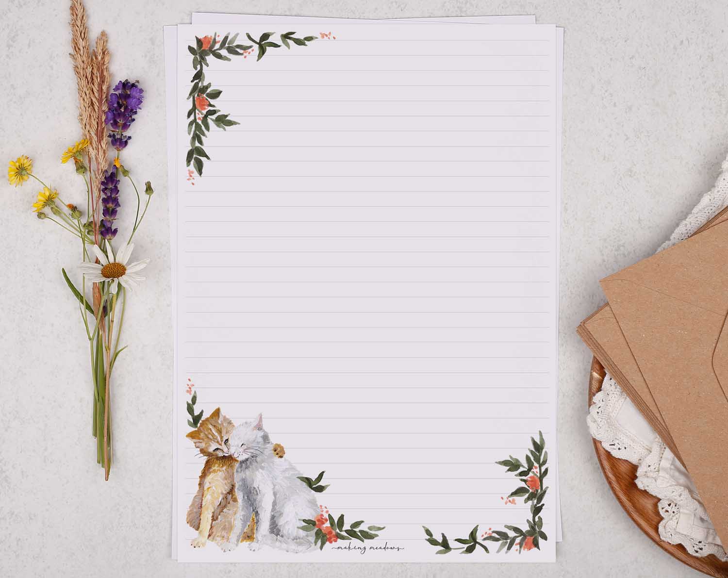 A4 writing paper with ginger cat and pink floral border. Stationery designed by Making Meadows