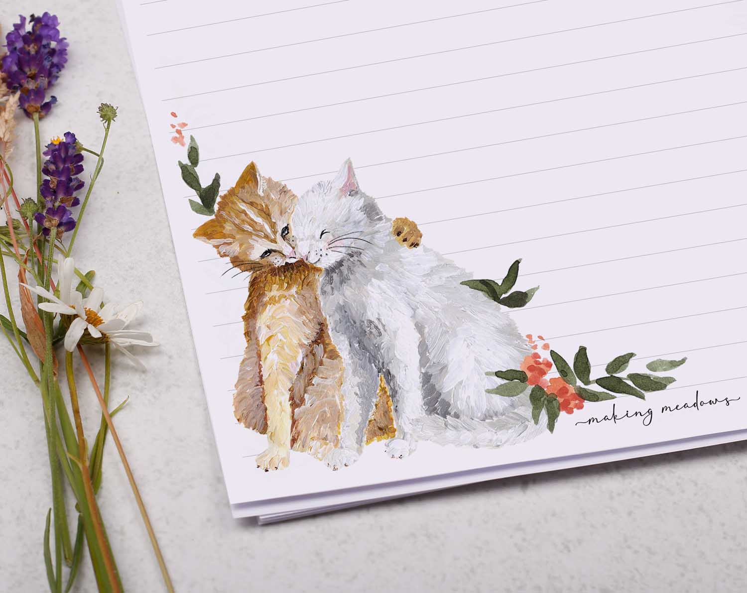 A4 writing paper with ginger cat and pink floral border. Stationery designed by Making Meadows