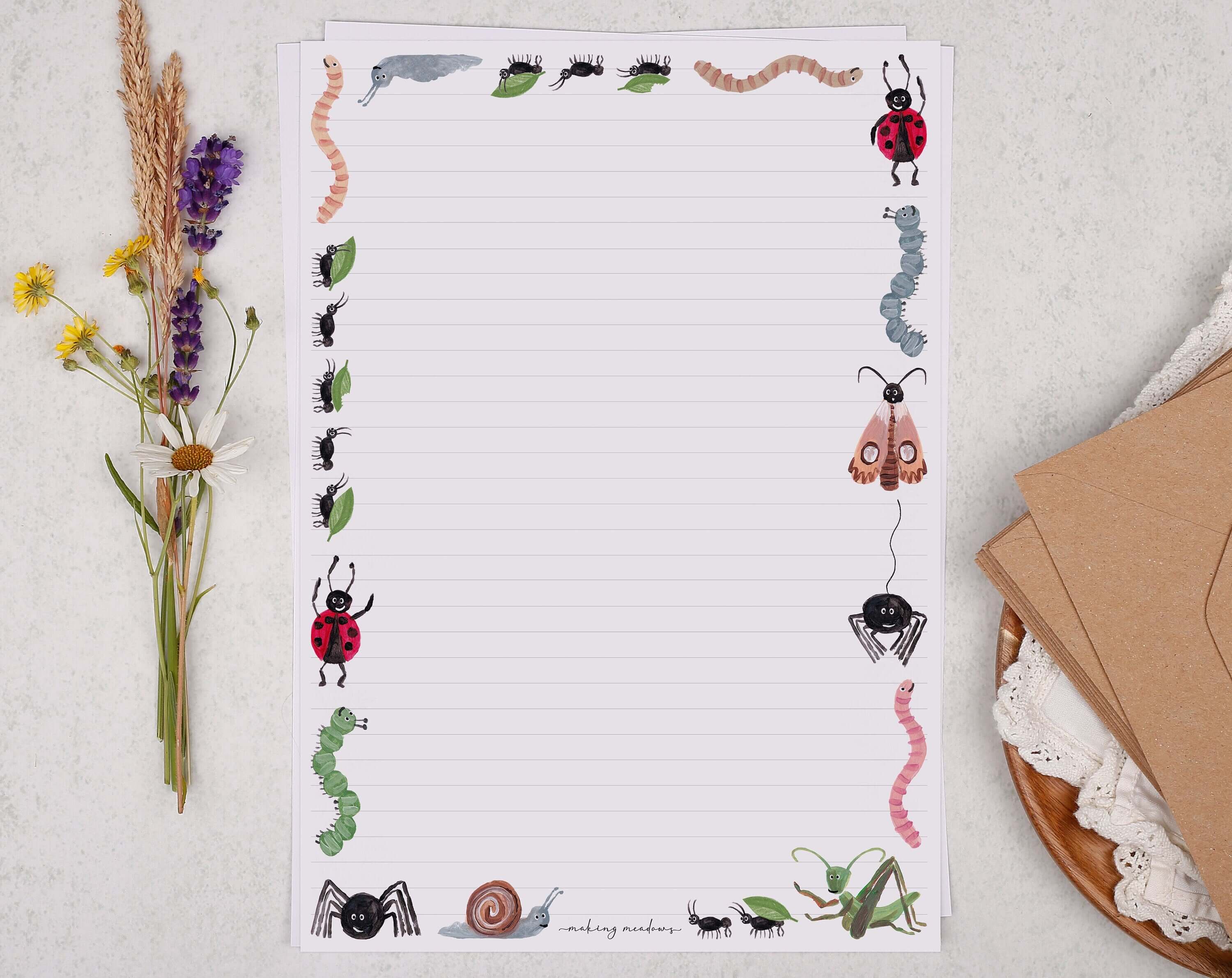 A4 writing paper with insect bugs. Stationery designed by Making Meadows