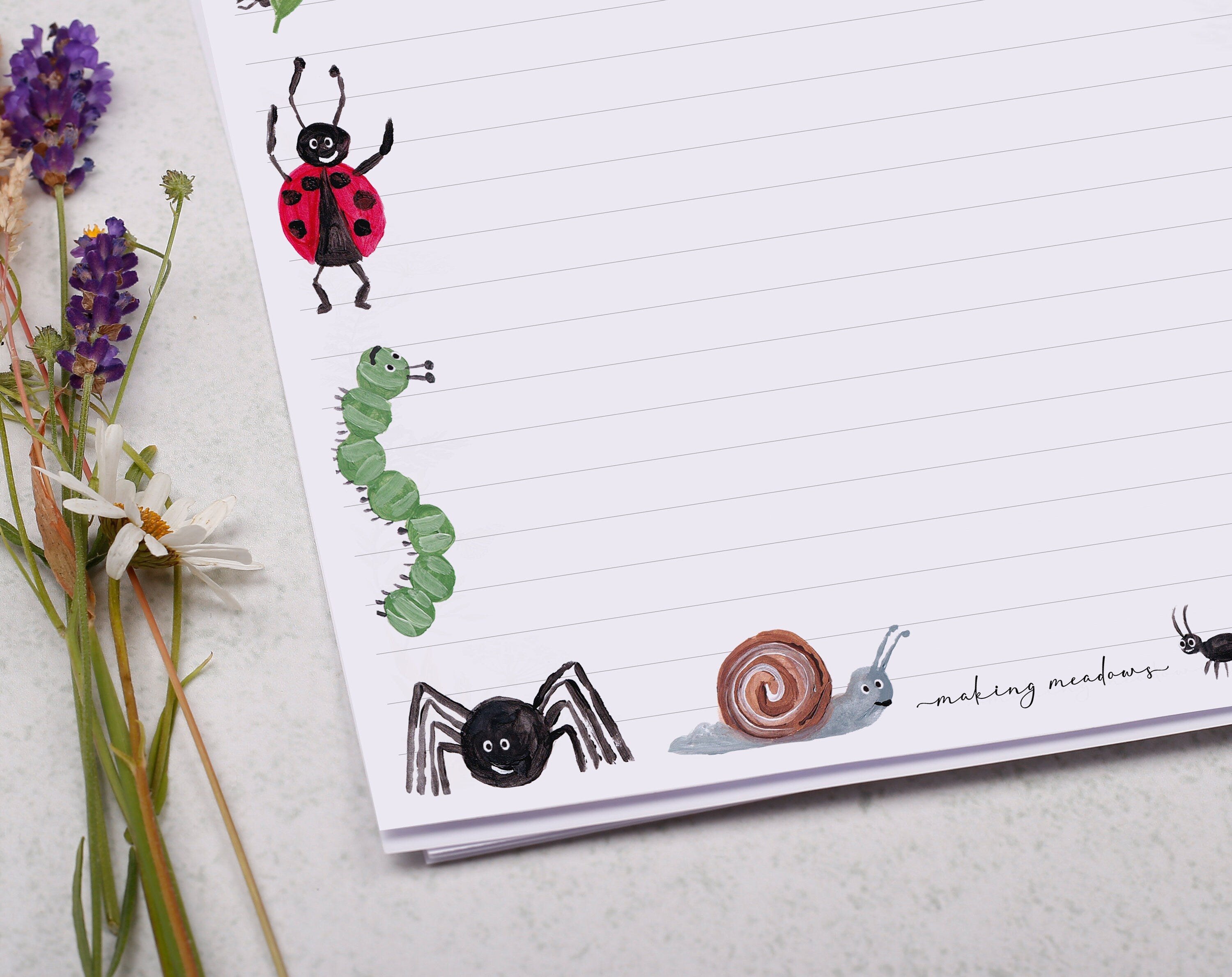 A4 writing paper with insect bugs. Stationery designed by Making Meadows