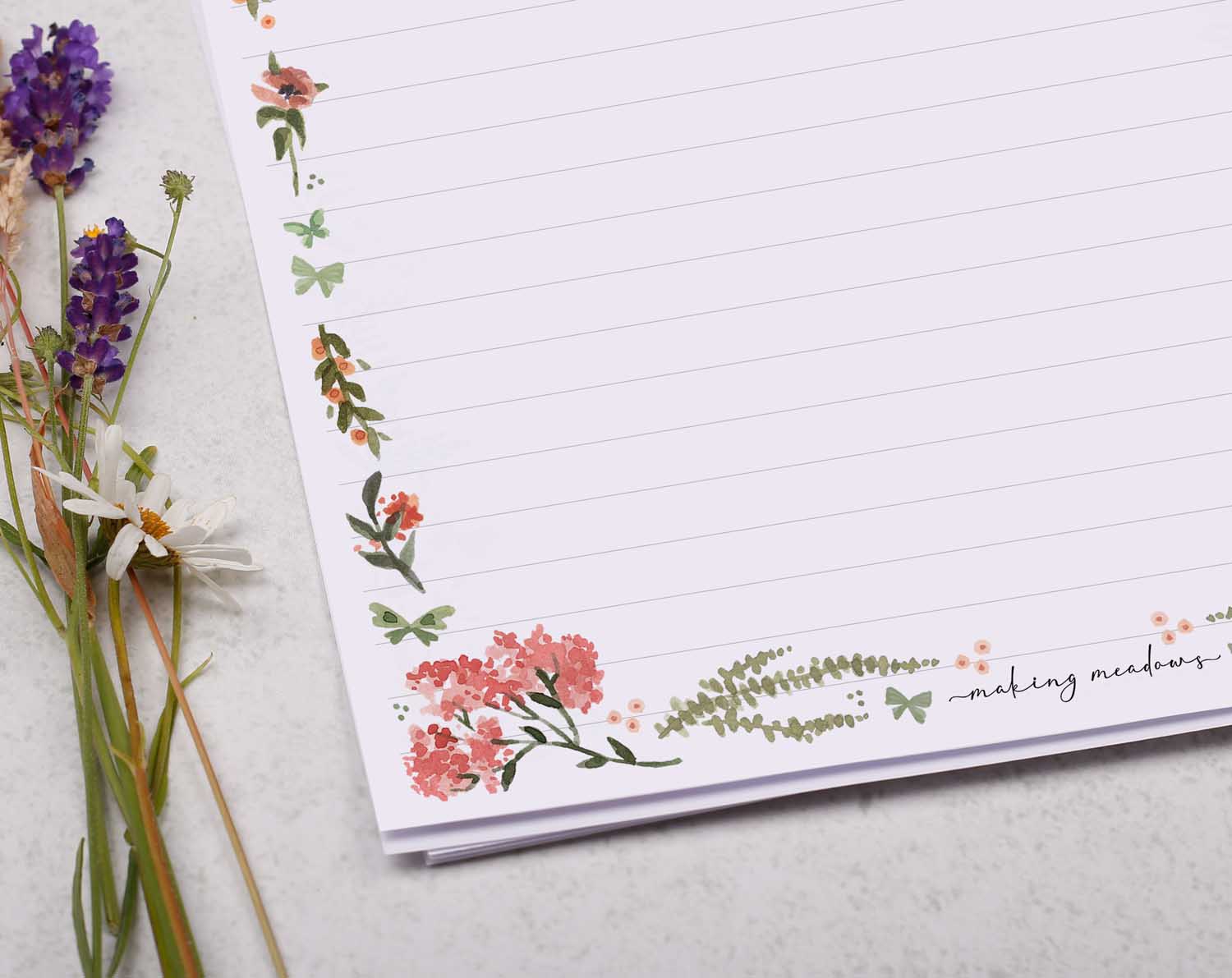 A4 writing paper with pink floral border. Stationery designed by Making Meadows