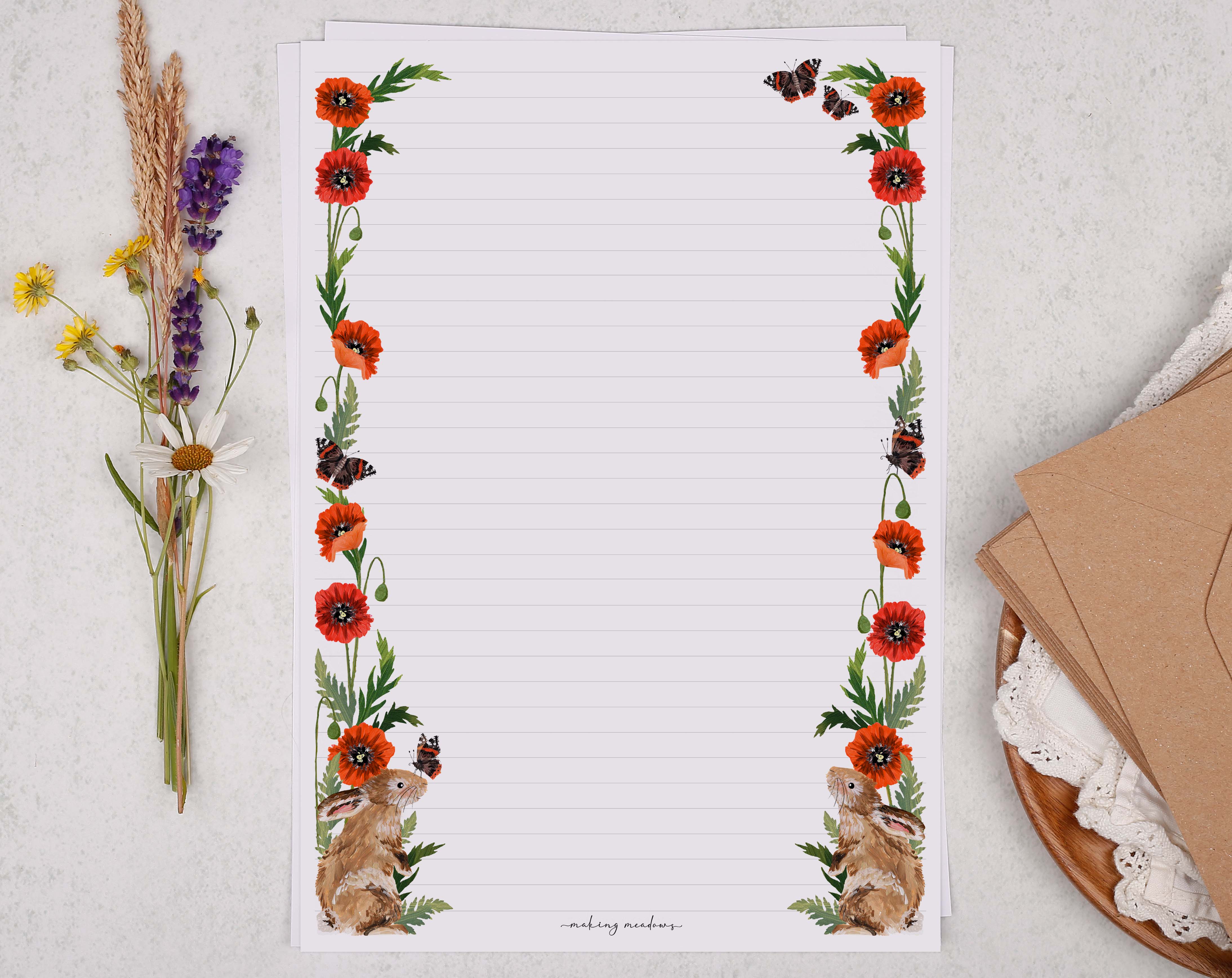 A4 writing paper with rabbit and poppy flower border. Stationery designed by Making Meadows