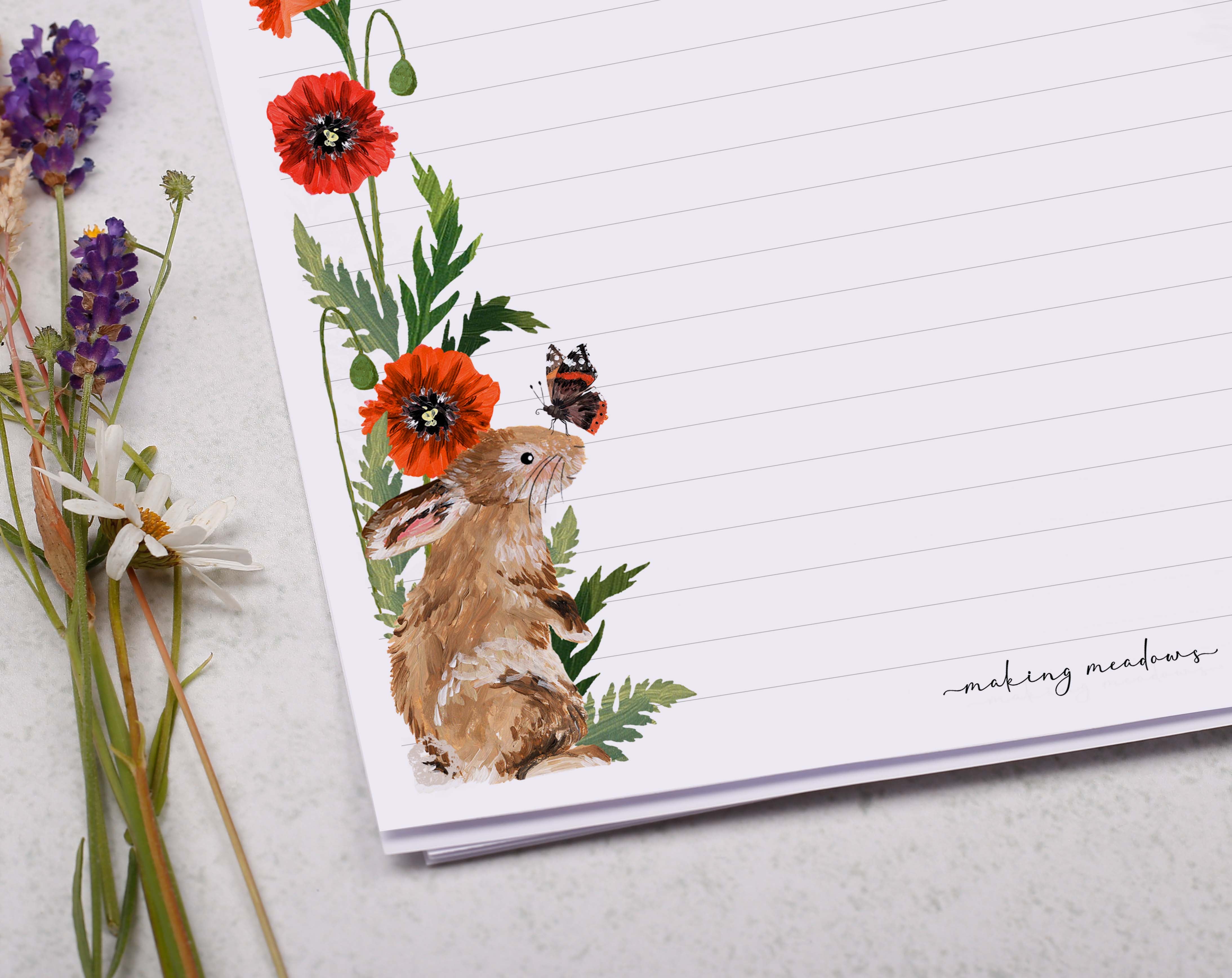 A4 writing paper with rabbit and poppy flower border. Stationery designed by Making Meadows