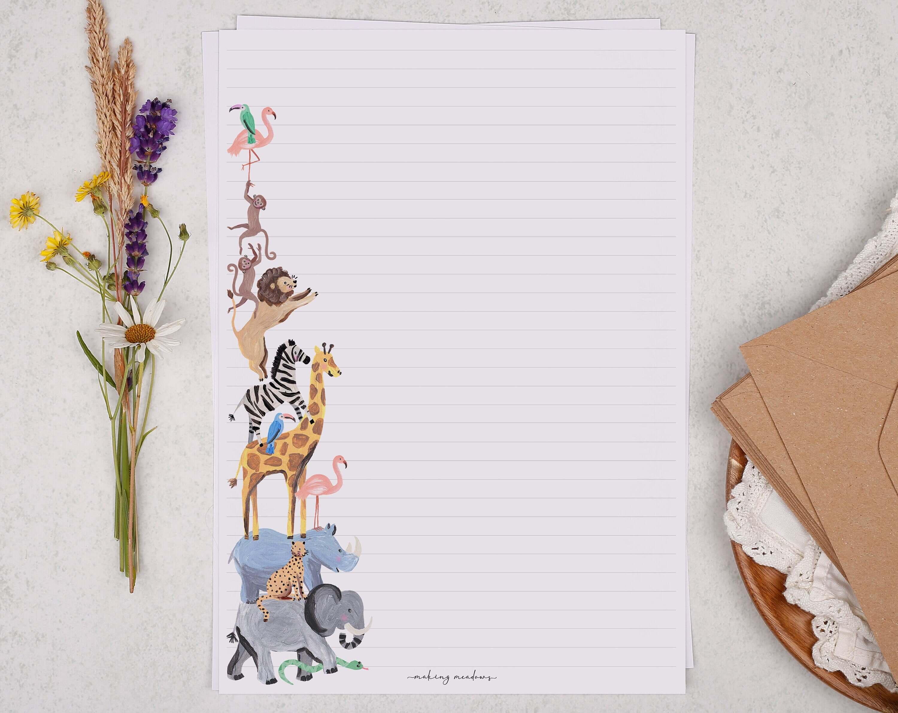 A4 writing paper with safari animals. Stationery designed by Making Meadows