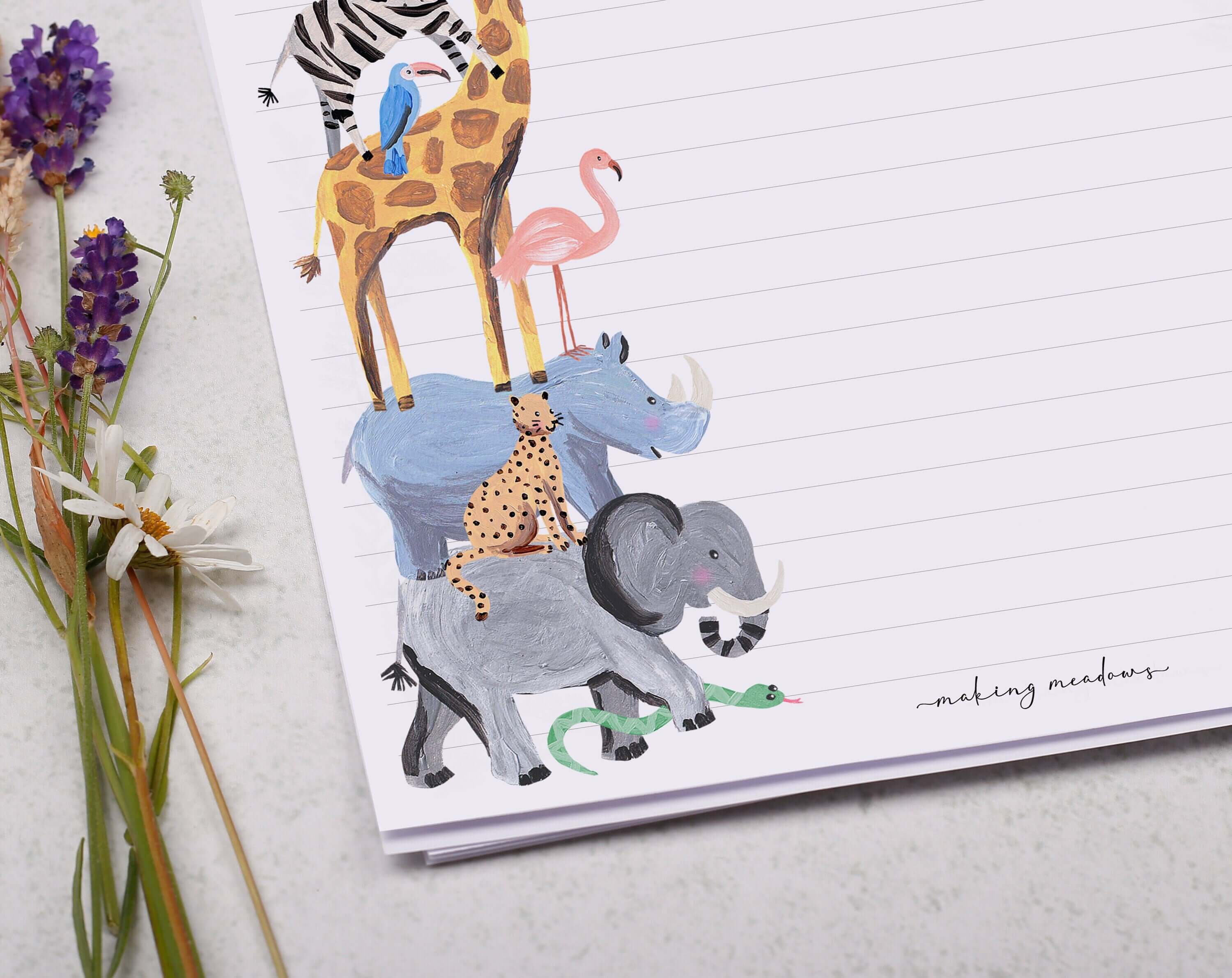 A4 writing paper with safari animals. Stationery designed by Making Meadows