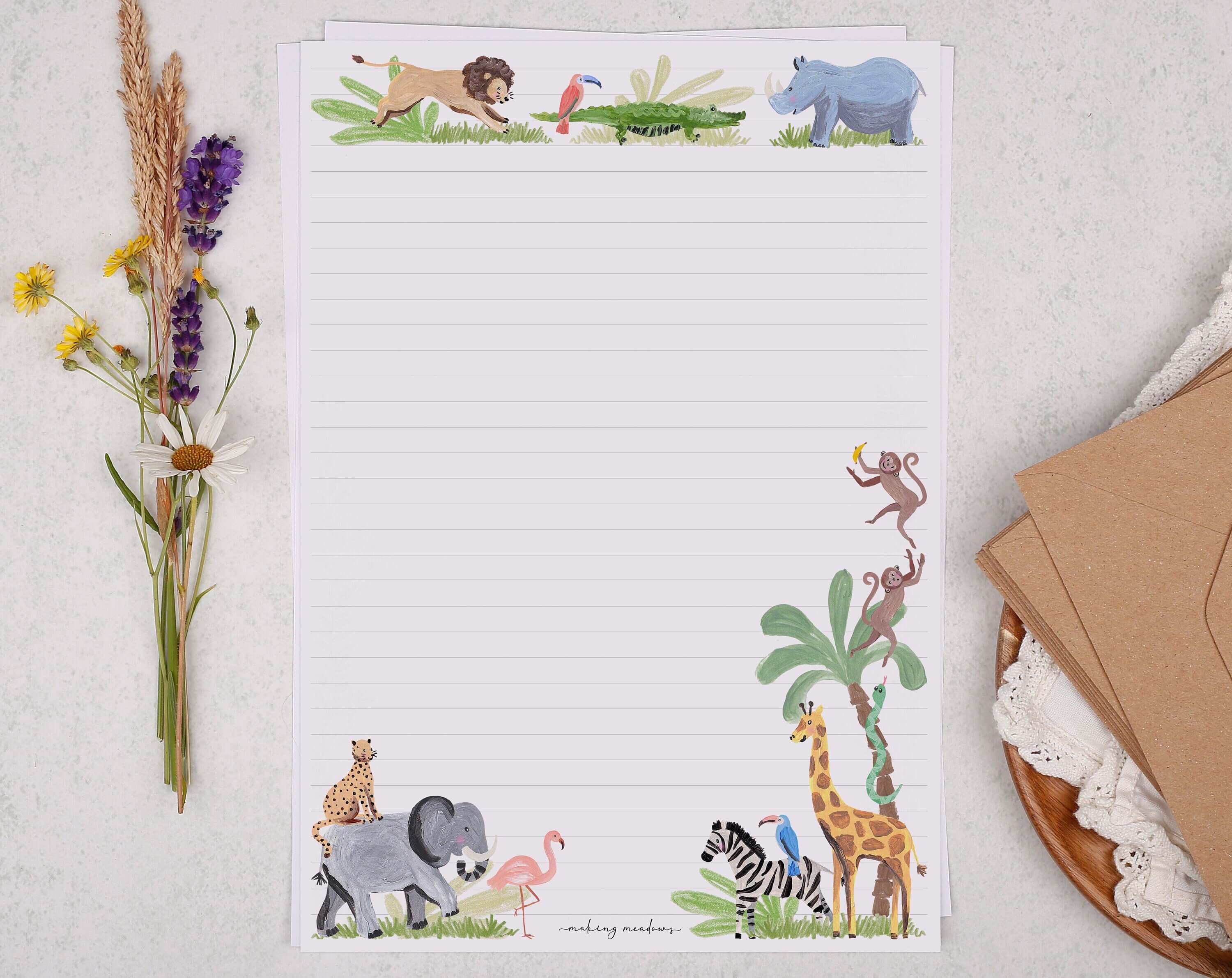 A4 writing paper with safari jungle animals. Stationery designed by Making Meadows