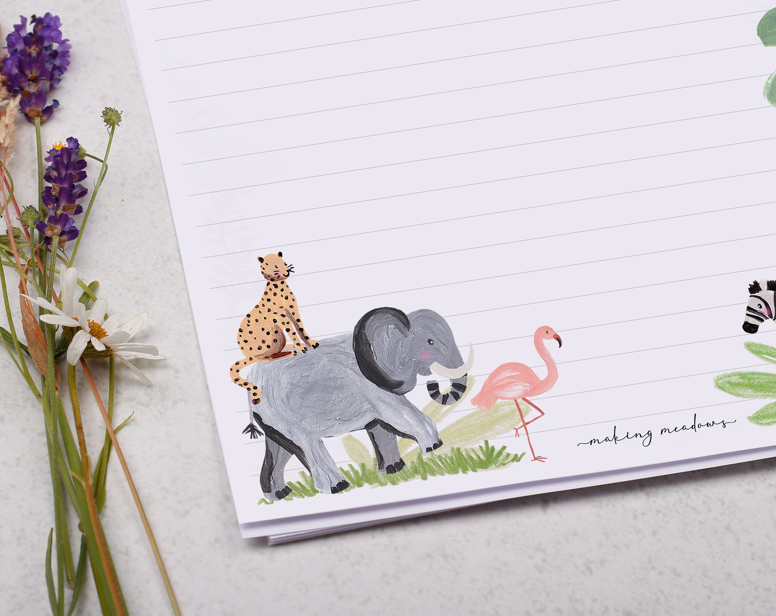A4 writing paper with safari jungle animals. Stationery designed by Making Meadows