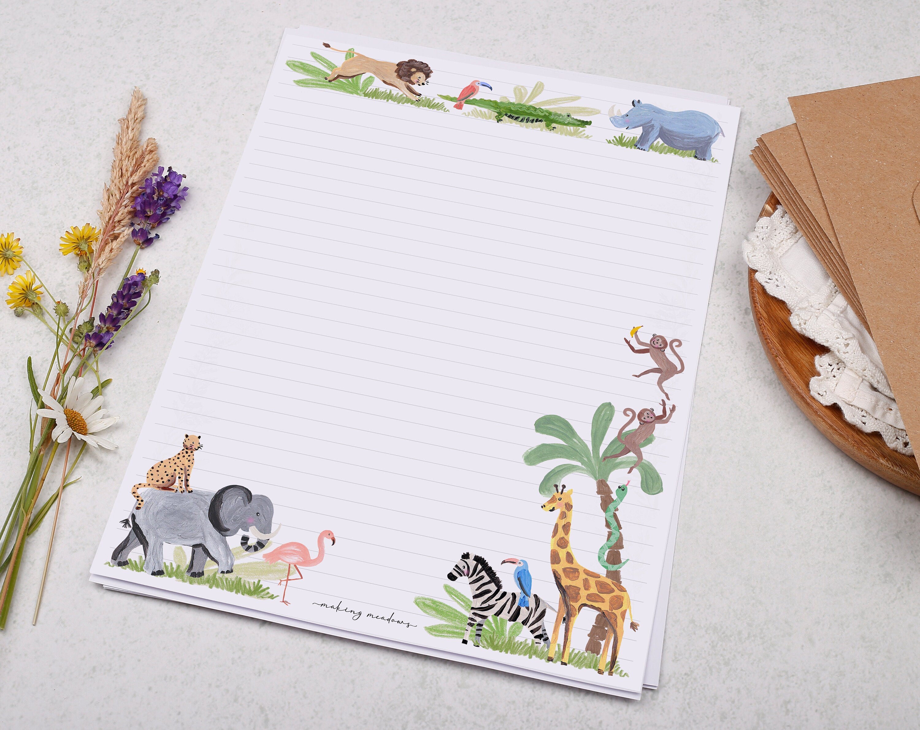 A4 writing paper with safari jungle animals. Stationery designed by Making Meadows