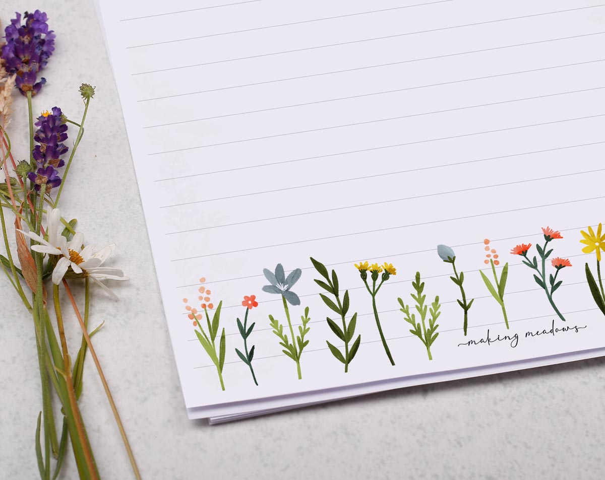 A4 writing paper with spring flower design. Stationery designed by Making Meadows