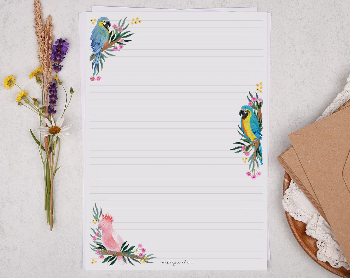 A4 writing paper with tropical birds & parrots. Stationery designed by Making Meadows