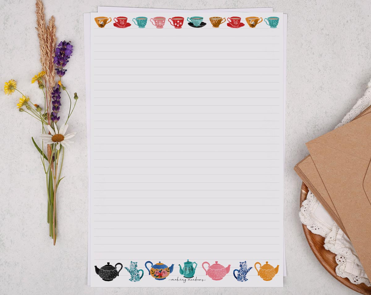 A4 writing paper with vintage tea pots. Stationery designed by Making Meadows