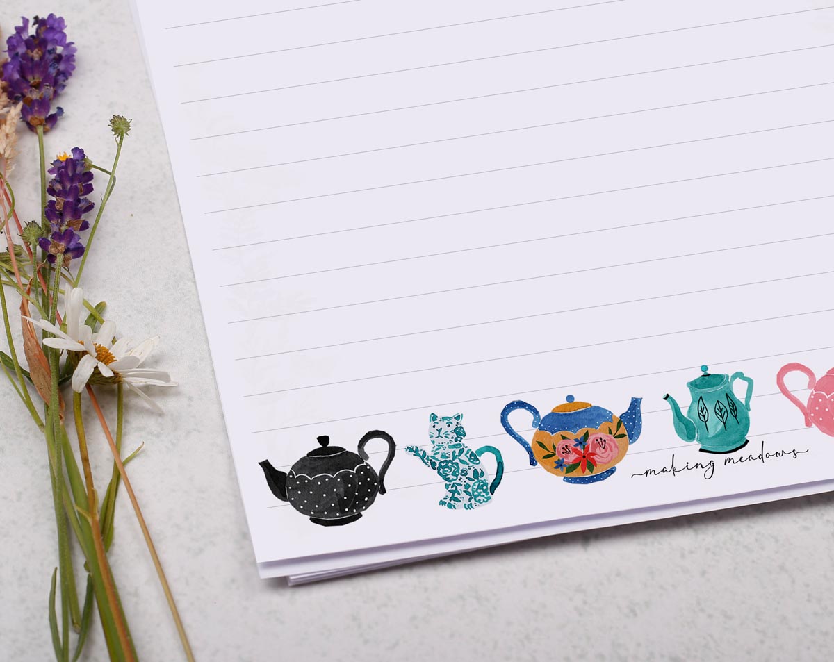 A4 writing paper with vintage tea pots. Stationery designed by Making Meadows
