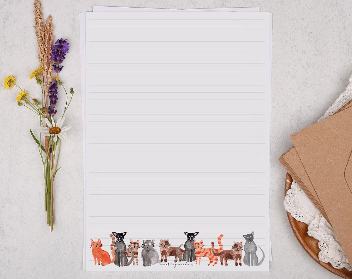 A4 writing paper with watercolour cats. Stationery designed by Making Meadows