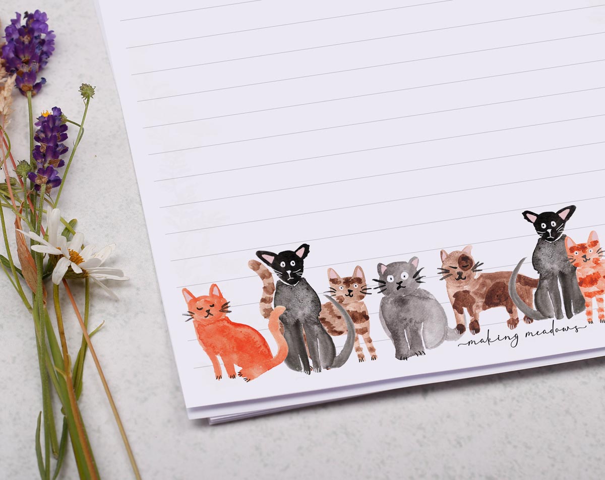 A4 writing paper with watercolour cats. Stationery designed by Making Meadows