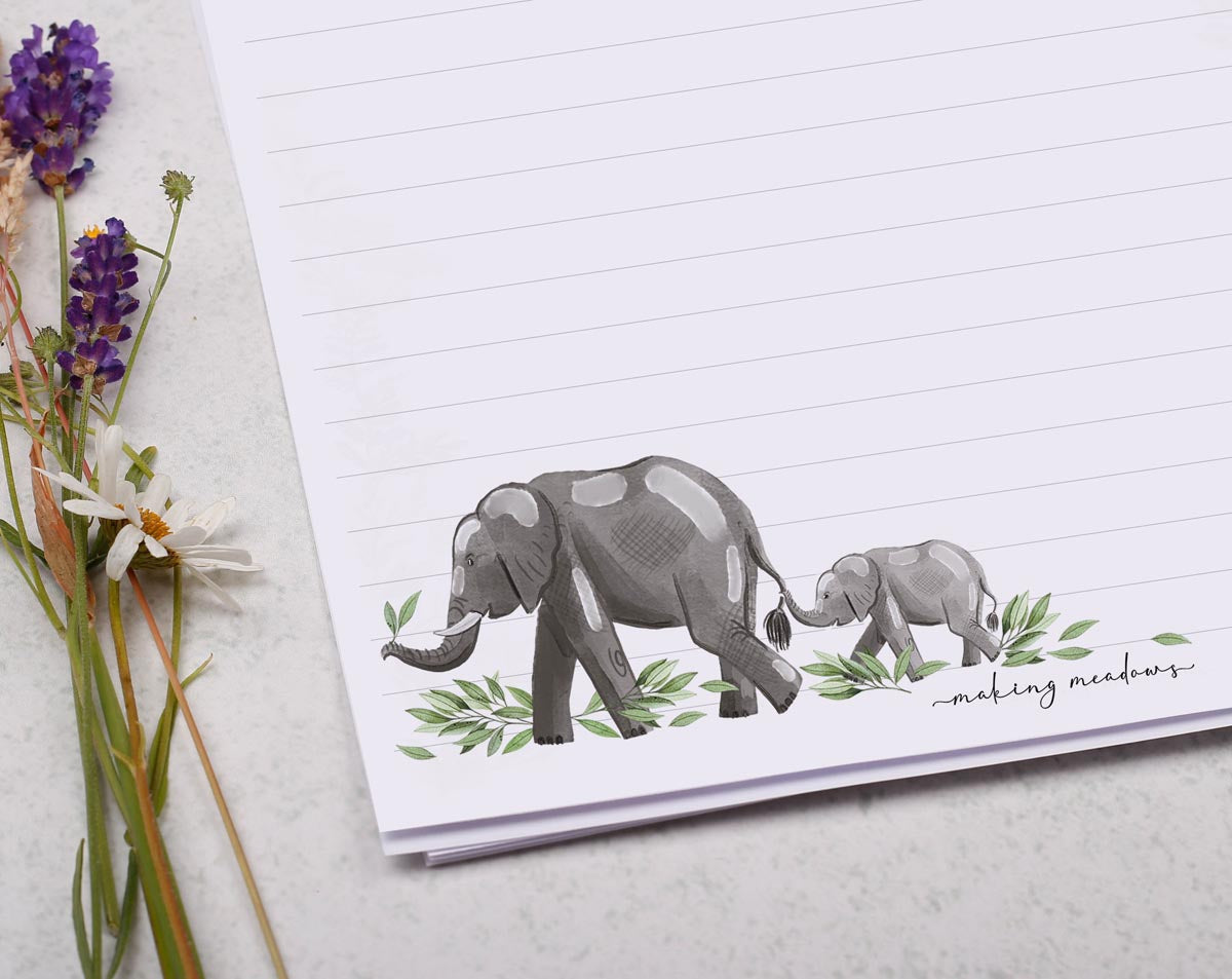 A4 writing paper with watercolour elephant. Stationery designed by Making Meadows
