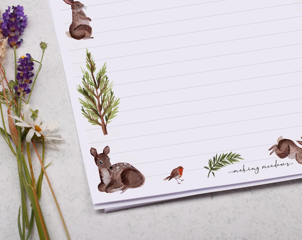 A4 writing paper with winter woodland animals. Stationery designed by Making Meadows