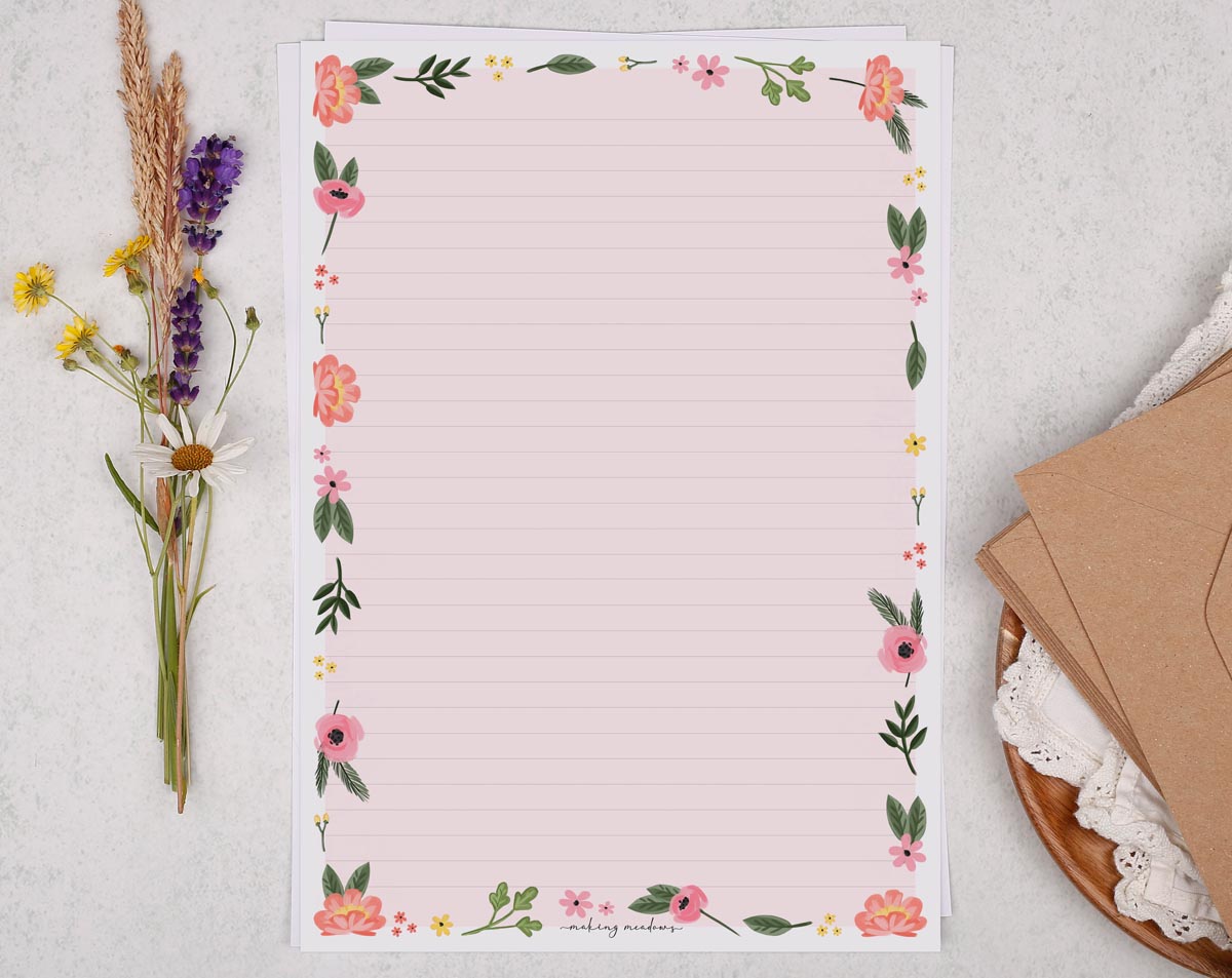 A4 writing paper with pink floral border. Stationery designed by Making Meadows