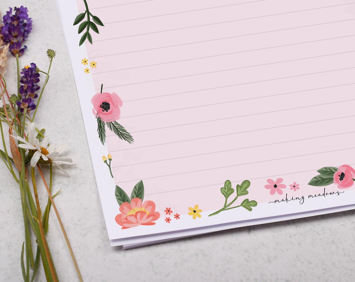 A4 writing paper with pink floral border. Stationery designed by Making Meadows