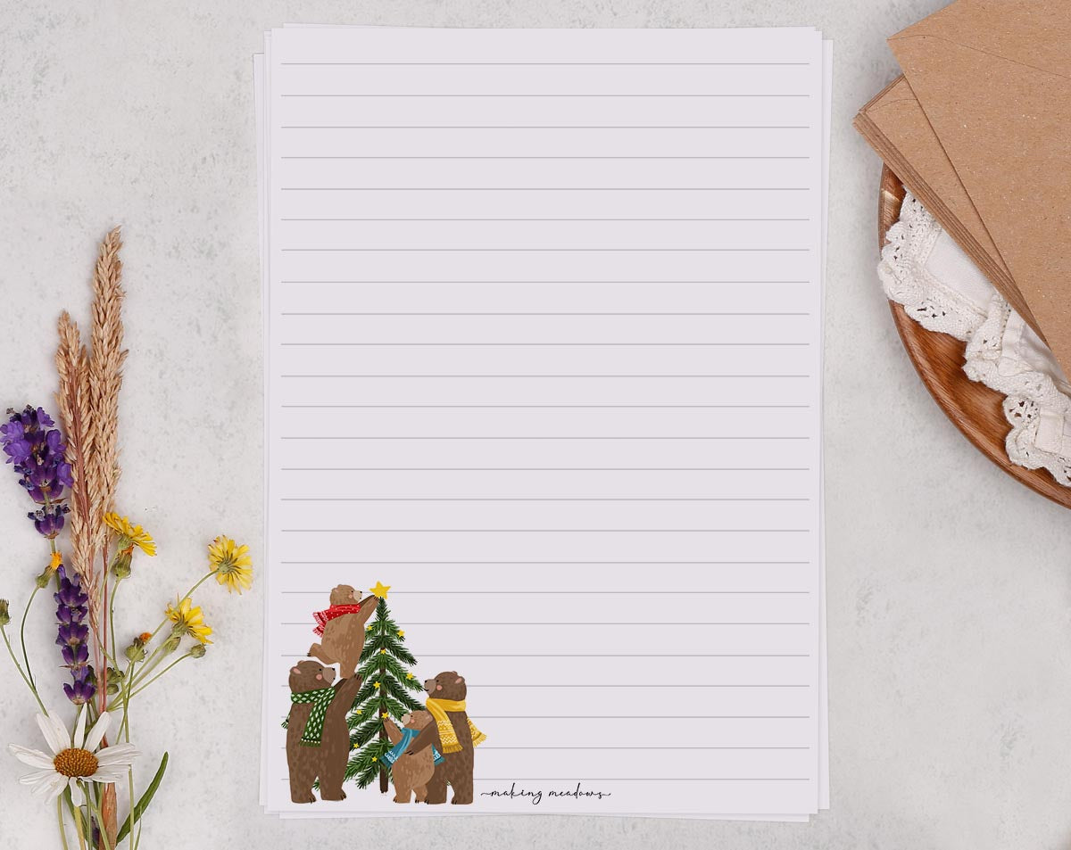 A5 writing paper with Christmas bears. Stationery designed by Making Meadows