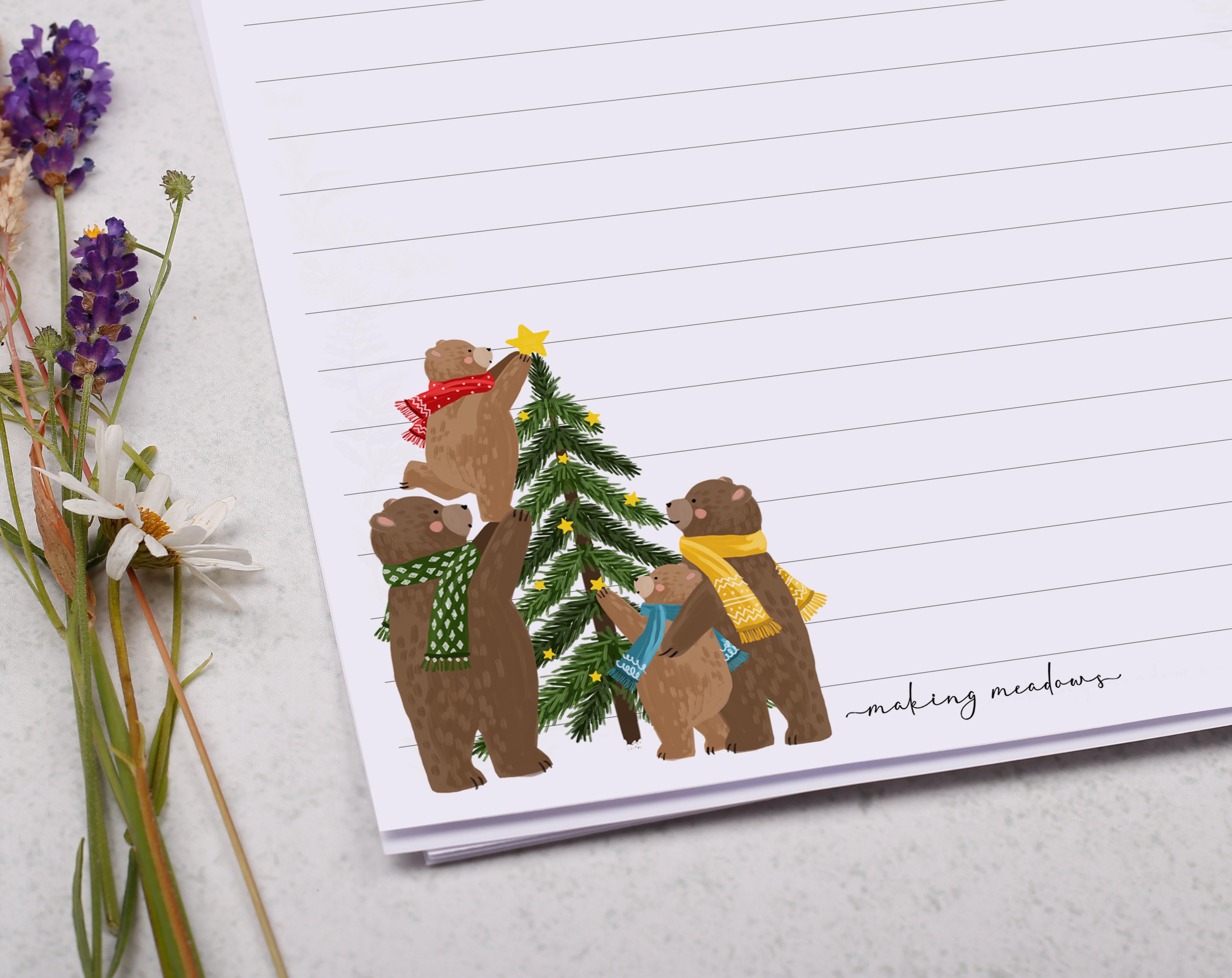 A5 writing paper with Christmas bears. Stationery designed by Making Meadows