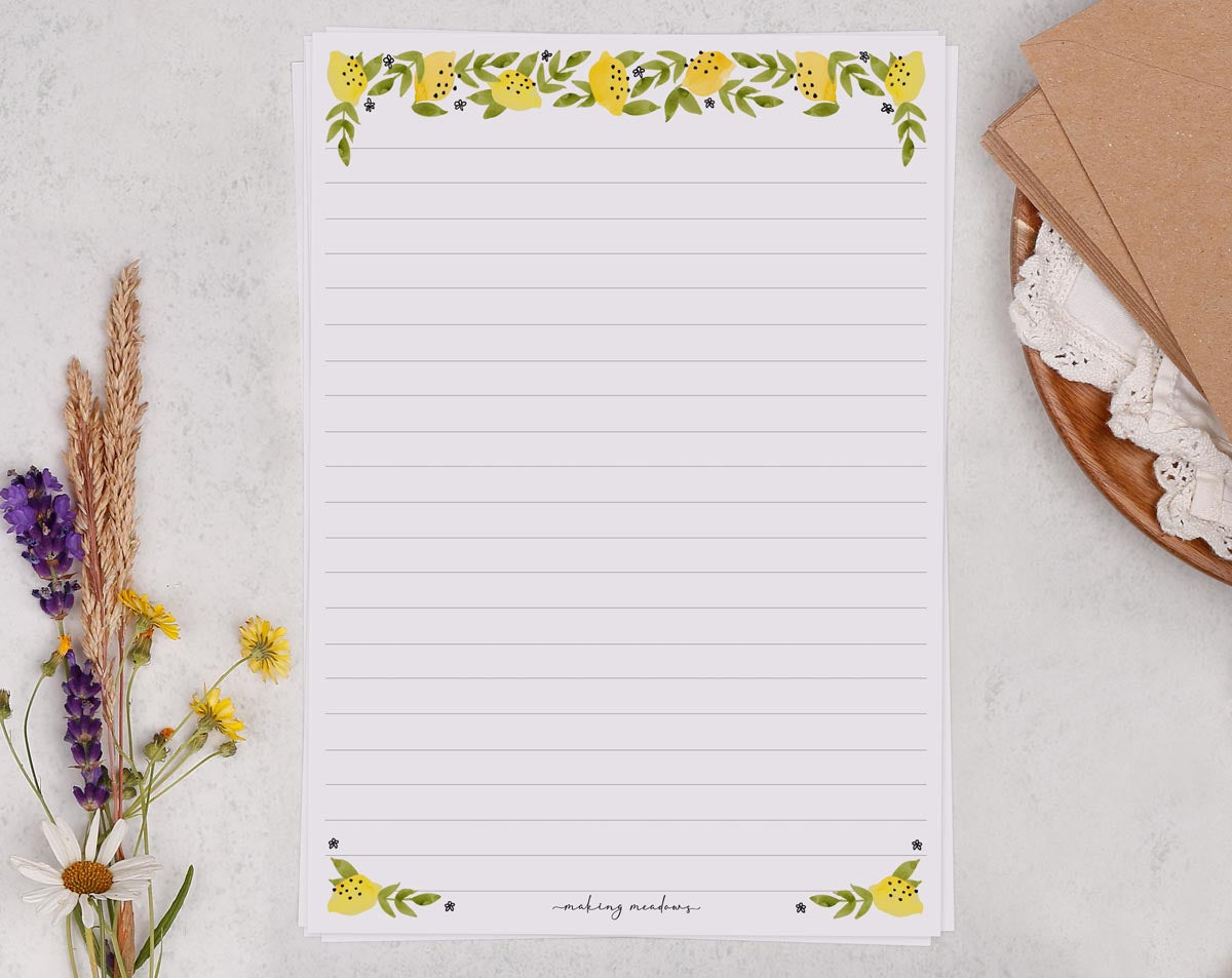 A5 writing paper with Mediterranean lemons. Stationery designed by Making Meadows