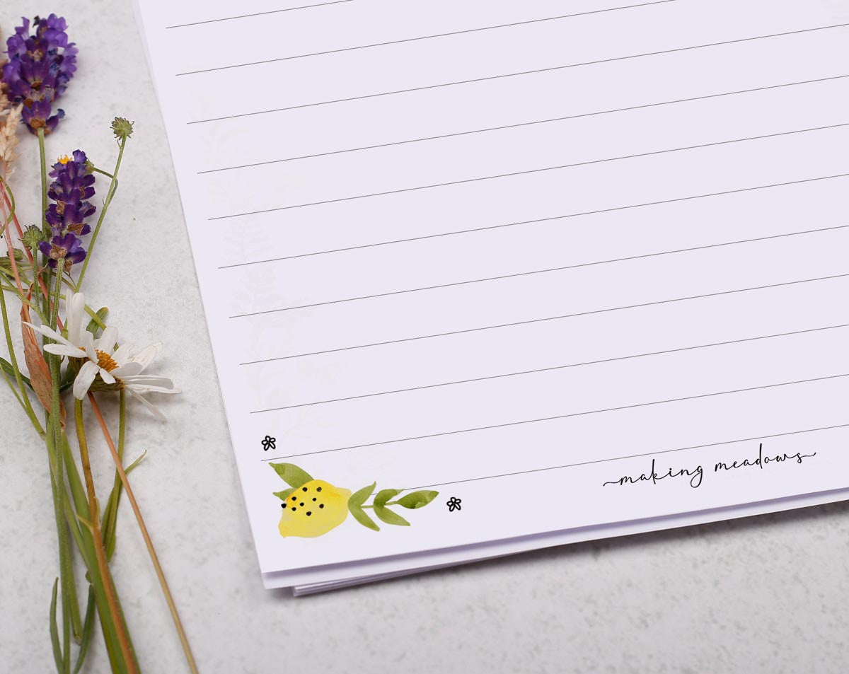A5 writing paper with Mediterranean lemons. Stationery designed by Making Meadows