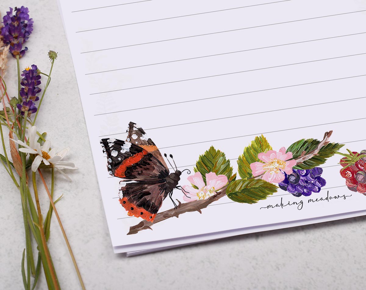 A5 writing paper with butterfly & blackberries. Stationery designed by Making Meadows