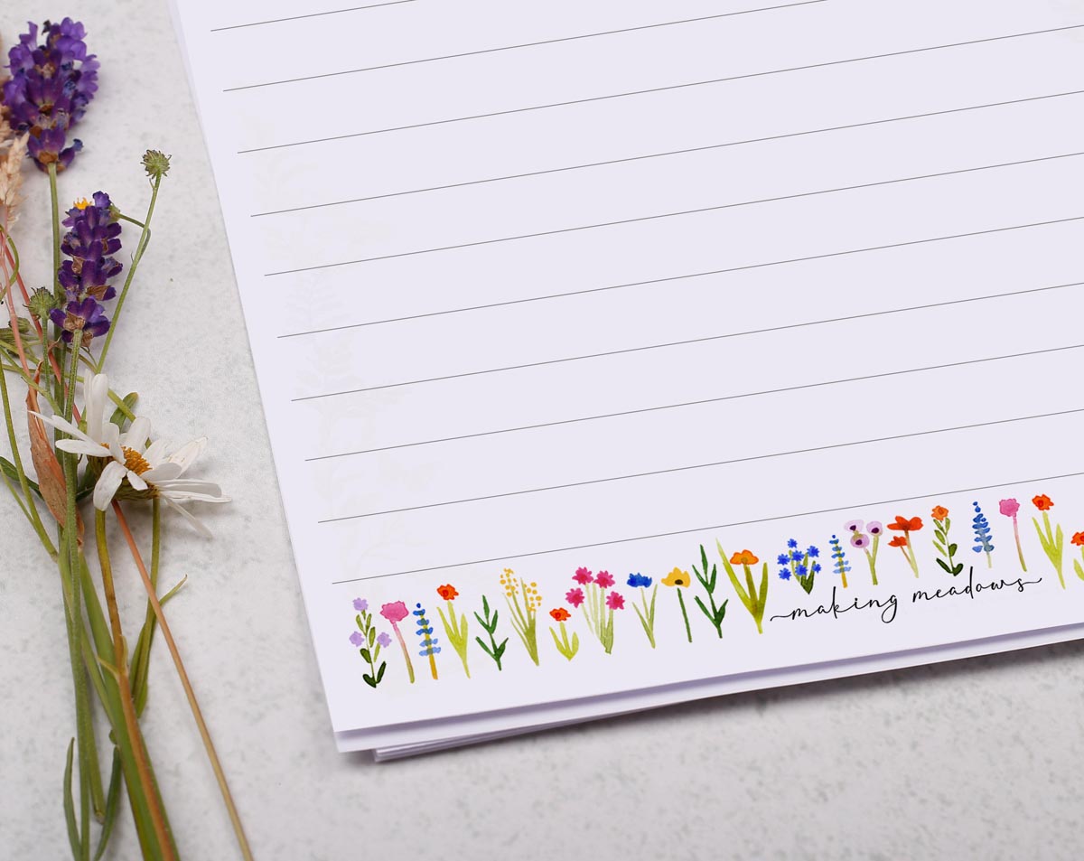 A5 writing paper with cute ditsy flower border. Stationery designed by Making Meadows