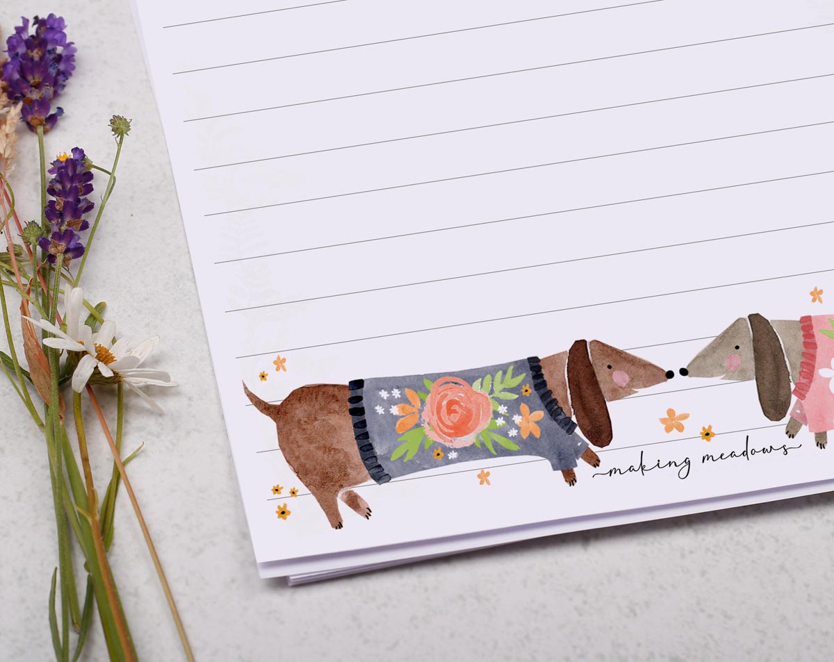 A5 writing paper with cute sausage dogs. Stationery designed by Making Meadows