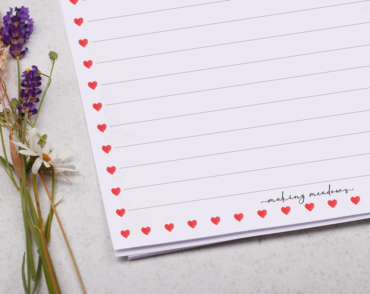 A5 writing paper with ditsy heart border. Stationery designed by Making Meadows