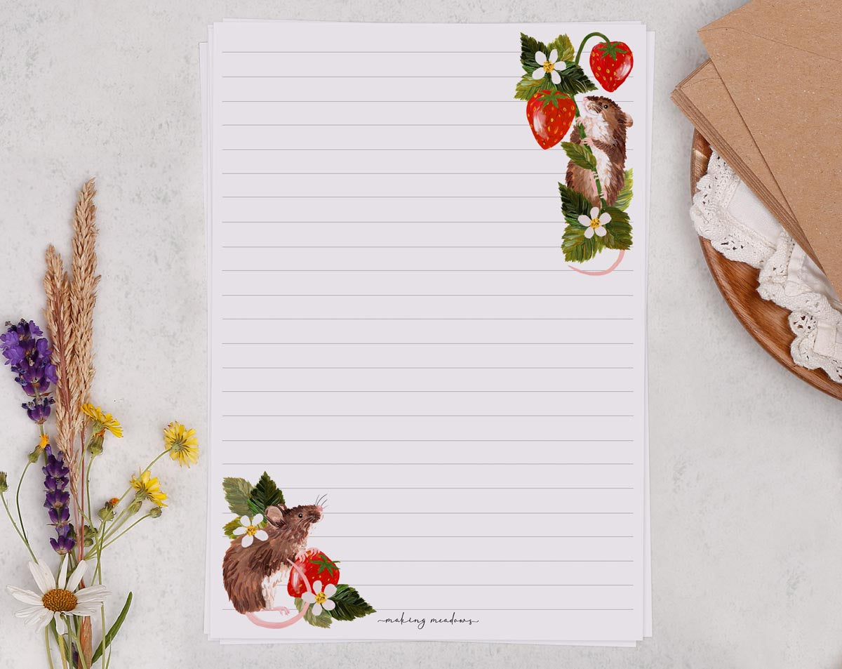 A5 writing paper with field mice & strawberries. Stationery designed by Making Meadows