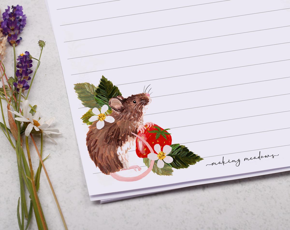 A5 writing paper with field mice & strawberries. Stationery designed by Making Meadows