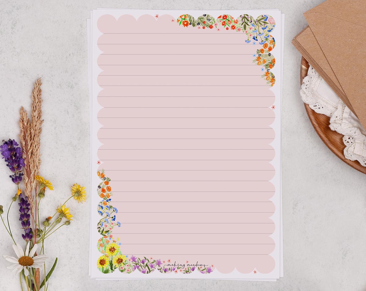 A5 writing paper with floral pink scalloped border. Stationery designed by Making Meadows