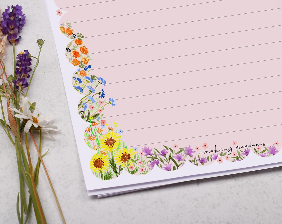 A5 writing paper with floral pink scalloped border. Stationery designed by Making Meadows