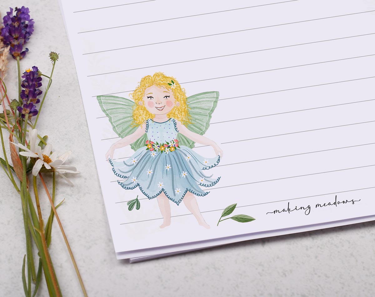 A5 writing paper with garden fairies. Stationery designed by Making Meadows