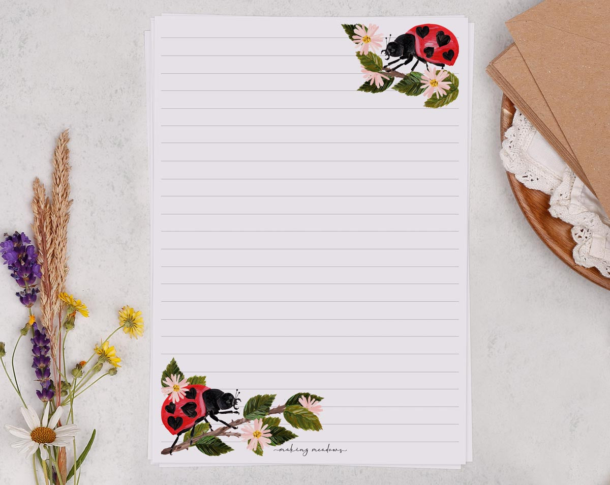 A5 writing paper with ladybirds & blossoms. Stationery designed by Making Meadows