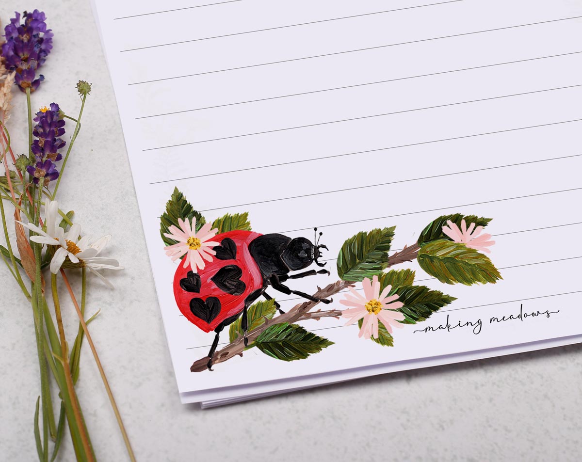 A5 writing paper with ladybirds & blossoms. Stationery designed by Making Meadows