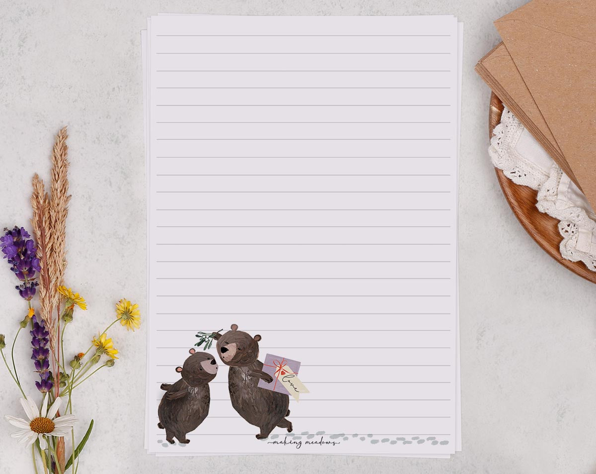 A5 writing paper with mistletoe kissing bears. Stationery designed by Making Meadows