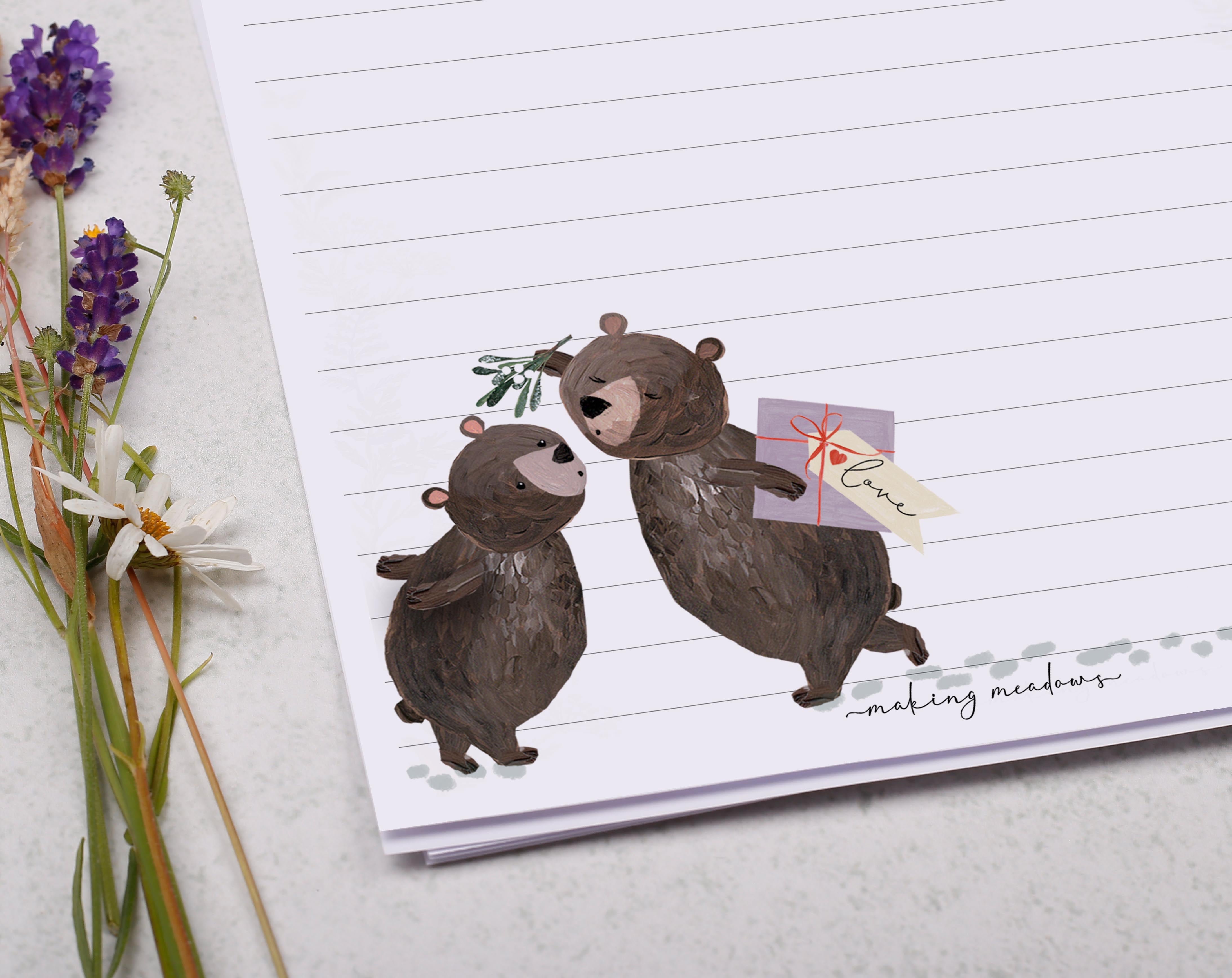 A5 writing paper with mistletoe kissing bears. Stationery designed by Making Meadows