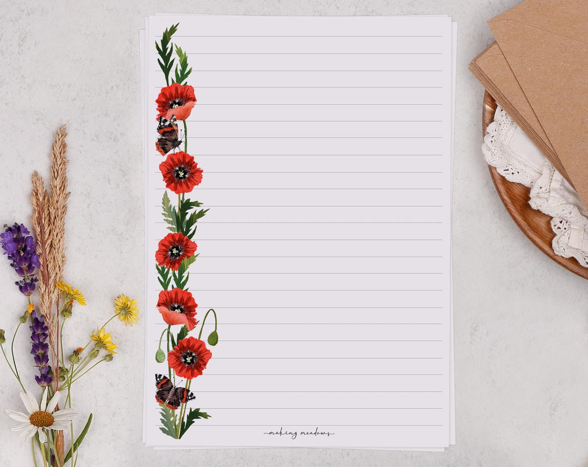 A5 writing paper with poppy flower border. Stationery designed by Making Meadows