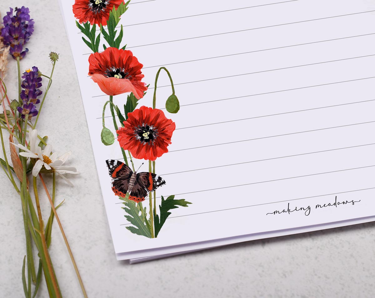 A5 writing paper with poppy flower border. Stationery designed by Making Meadows