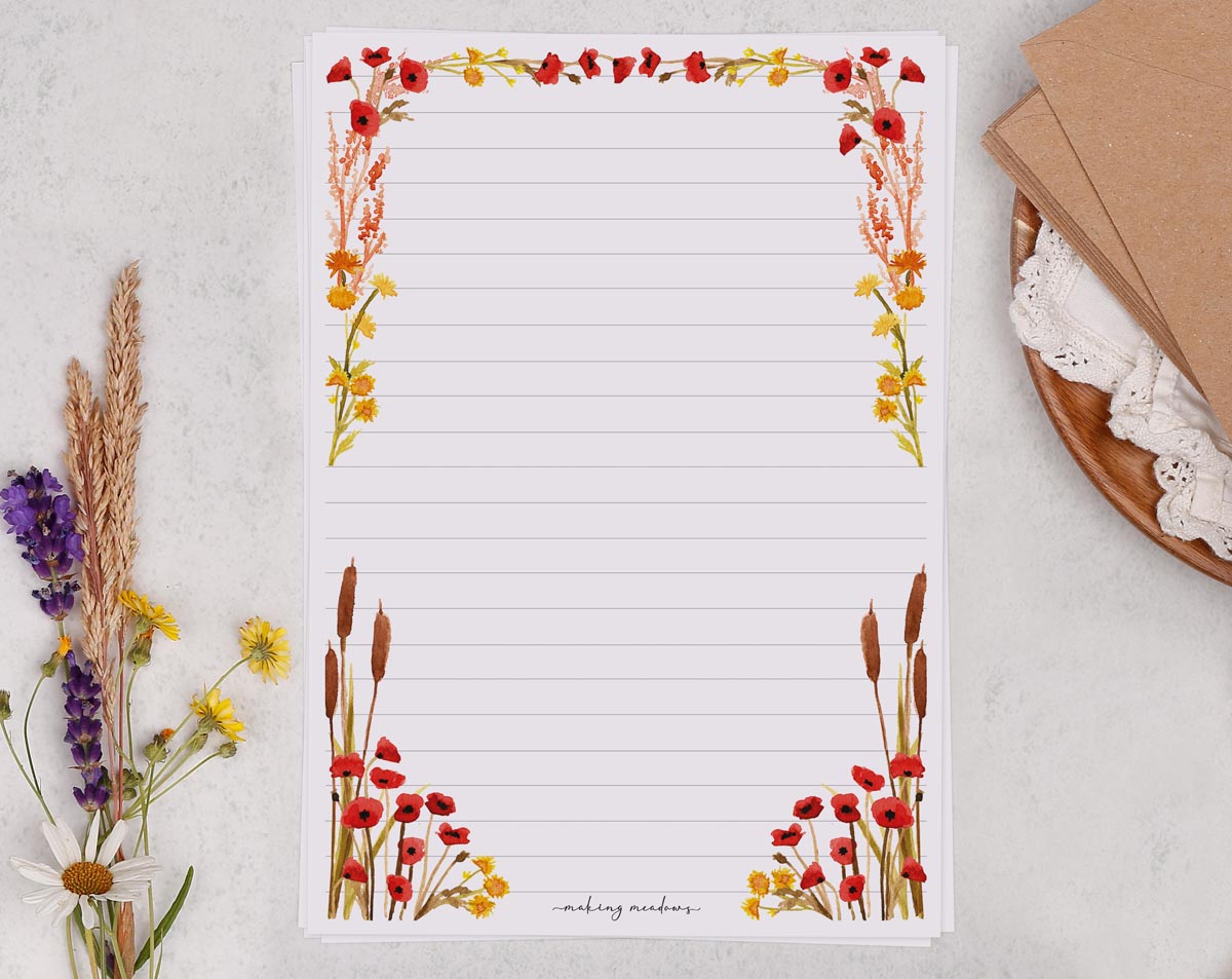 A5 writing paper with poppy & reeds. Stationery designed by Making Meadows