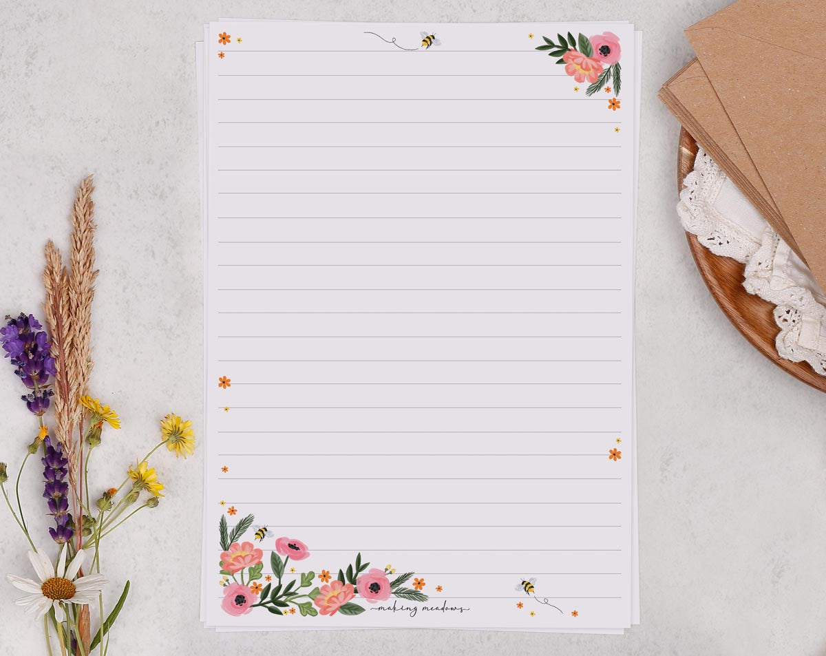 A5 writing paper with pretty pink flower cluster. Stationery designed by Making Meadows