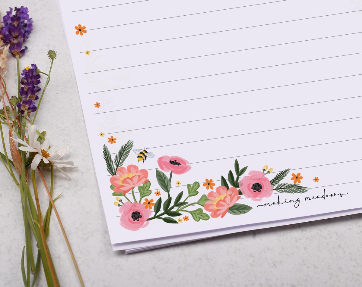 A5 writing paper with pretty pink flower cluster. Stationery designed by Making Meadows